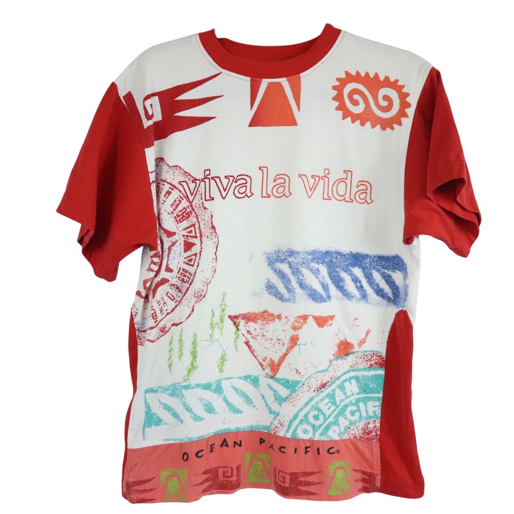 Vintage 80s Ocean Pacific Red Viva La Vida Graphic AOP Surf Skate Shirt Sz M